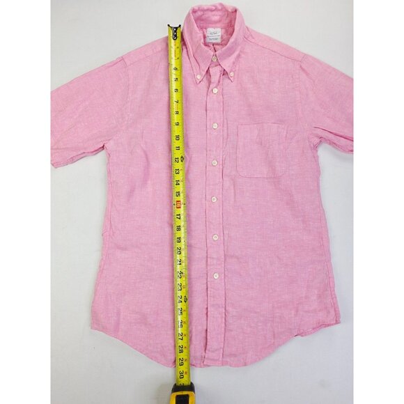 Brooks Brothers Size Medium Pink All Irish Linen Short Sleeve Button Down Shirt - Picture 9 of 10
